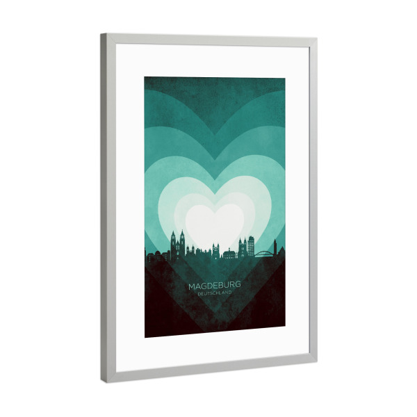 Poster mit Rahmen Silber "Magdeburg Skyline Heart blaugrün" artboxONE - Städte