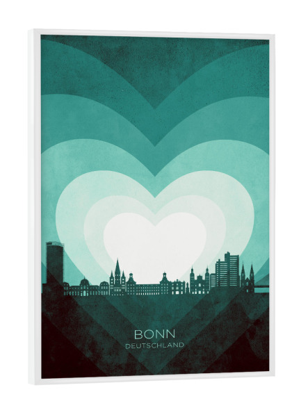 Poster mit weißem Rahmen "Bonn Germany Skyline Hearts Teal" artboxONE - Städte