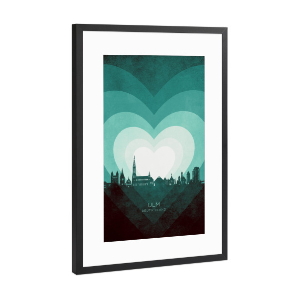 Poster mit Rahmen Schwarz (Metallic) "Ulm Germany Skyline Hearts Teal" artboxONE - Städte
