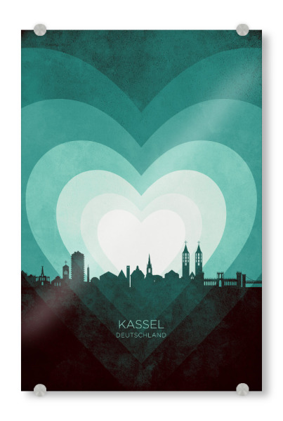 Acrylglasbild "Kassel Skyline Heart Teal" artboxONE - Städte - Kassel,Deutschland,Herz,Liebe,Romantiker,Valentinstag,Skyline,Stadtbild,Stattbild