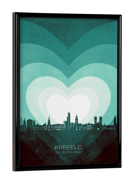 Poster mit schwarzem Rahmen "Krefeld Skyline Heart Teal" artboxONE - Städte