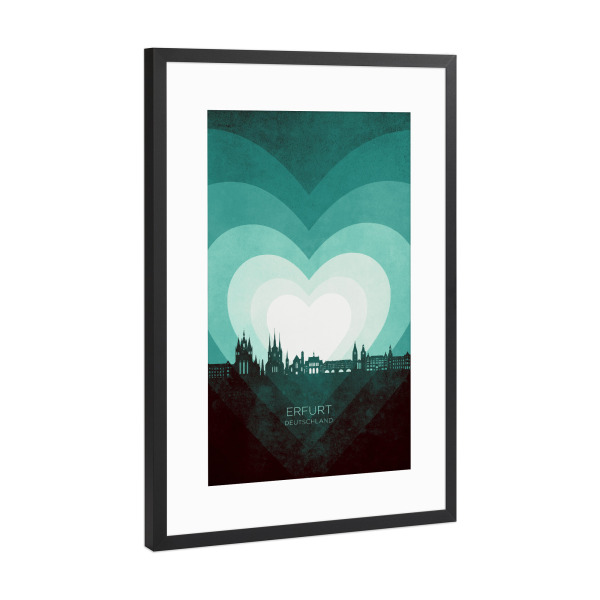 Poster mit Rahmen Schwarz (Metallic) "Erfurt Skyline Heart Teal" artboxONE - Städte
