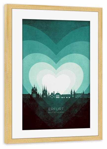 Poster mit Rahmen kiefer "Erfurt Skyline Heart Teal" artboxONE - Städte