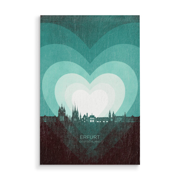 Holzbild "Erfurt Skyline Heart Teal" artboxONE - Städte - Erfurt,Deutschland,Herz,Liebe,Romantiker,Valentinstag,Skyline,Stadtlandschaft,Stattbild