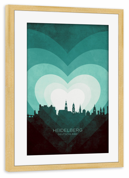 Poster mit Rahmen kiefer "Heidelberg Skyline Heart blaugrün" artboxONE - Städte