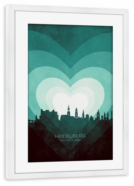 Poster mit Rahmen weiß "Heidelberg Skyline Heart blaugrün" artboxONE - Städte