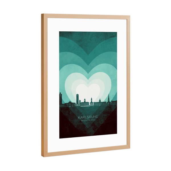 Poster mit Rahmen Kupfer "Karlsruhe Skyline Heart Teal" artboxONE - Städte