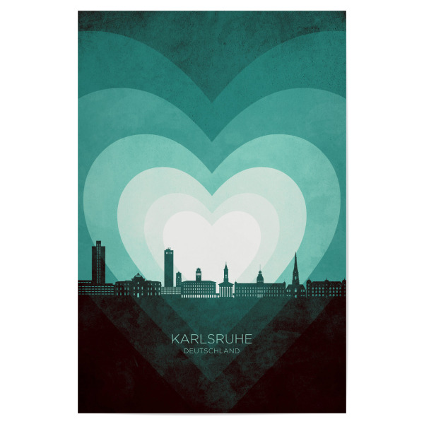 Poster "Karlsruhe Skyline Heart Teal" artboxONE - Städte - Karlsruhe,Deutschland,Herz,Liebe,Romantisch,Valentinstag,Skyline,Stadtbild,Stadtbild