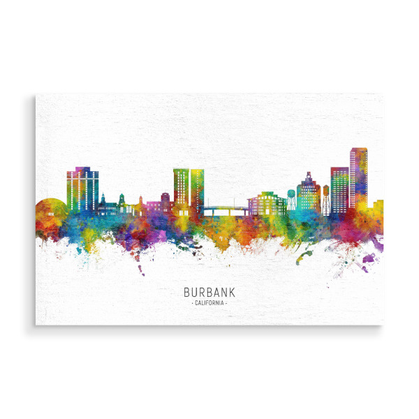 Holzbild "Burbank California Skyline Txt" artboxONE - Städte - Burbank,Kalifornien,Vereinigte staaten,Skyline,Stadtbild,Stattbild,Aquarell,Malerei