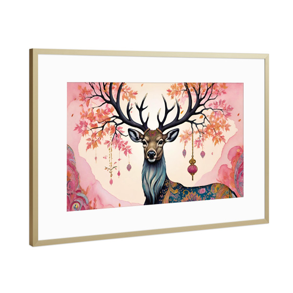 Poster mit Rahmen Gold "König des Waldes bunt" artboxONE - Tiere,Abstrakt,Fiktion - Hirsch,Wald,König,Muster,Ornament,Schmuck,Tier,Pink,Surreal