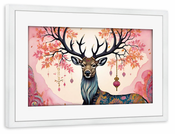 Poster mit Rahmen weiß "König des Waldes bunt" artboxONE - Tiere,Abstrakt,Fiktion - Hirsch,Wald,König,Muster,Ornament,Schmuck,Tier,Pink,Surreal