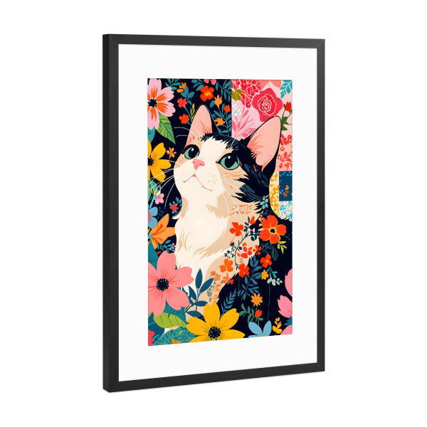 Poster mit Rahmen Schwarz (Metallic) "Floral Patchwork Cat" artboxONE - Floral,Tiere