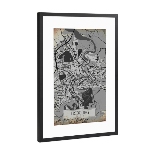 Poster mit Rahmen Schwarz (Metallic) "Retro City Fribourg" artboxONE - Städte / Weitere,Kartografie