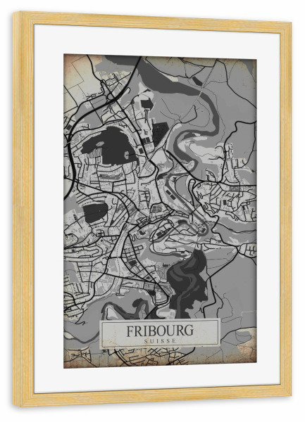 Poster mit Rahmen kiefer "Retro City Fribourg" artboxONE - Städte / Weitere,Kartografie