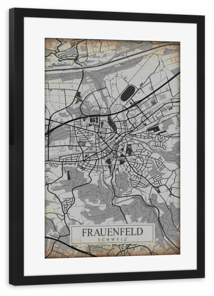 Poster mit Rahmen schwarz "Retro City Frauenfeld" artboxONE - Städte / Weitere,Kartografie