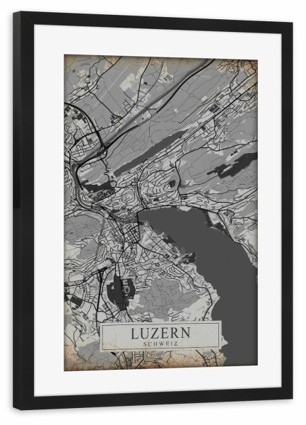 Poster mit Rahmen schwarz "Retro City Luzern" artboxONE - Städte / Weitere,Kartografie