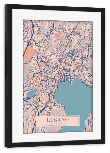 Poster mit Rahmen schwarz "Lugano City Plan" artboxONE - Städte / Weitere,Kartografie