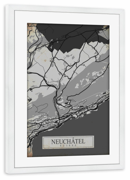 Poster mit Rahmen weiß "Neuchâtel Retro Map" artboxONE - Städte / Weitere,Kartografie