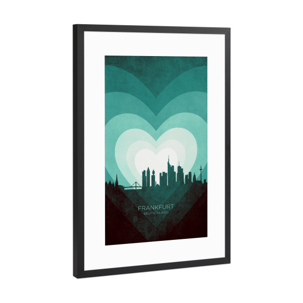 Poster mit Rahmen Schwarz (Metallic) "Frankfurt Skyline Herz blaugrün" artboxONE - Städte