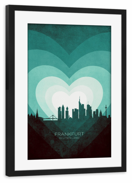 Poster mit Rahmen schwarz "Frankfurt Skyline Herz blaugrün" artboxONE - Städte