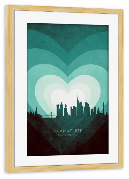 Poster mit Rahmen kiefer "Frankfurt Skyline Herz blaugrün" artboxONE - Städte