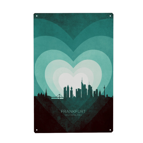Metall Poster "Frankfurt Skyline Herz blaugrün" artboxONE - Städte