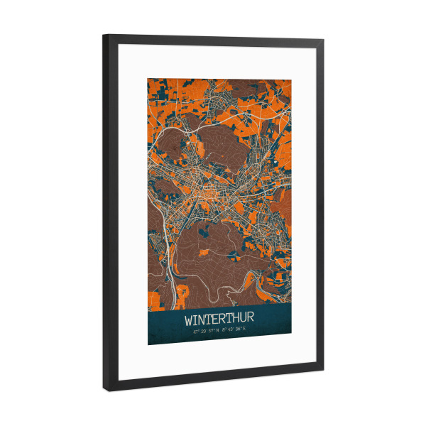 Poster mit Rahmen Schwarz (Metallic) "Winterthur Vintage Map" artboxONE - Städte / Weitere,Kartografie