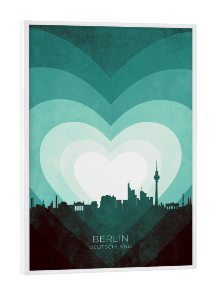 Poster mit weißem Rahmen "Berlin Skyline Heart Teal" artboxONE - Städte