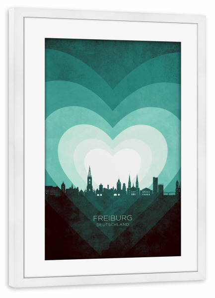 Poster mit Rahmen weiß "Freiburg Skyline Heart Teal" artboxONE - Städte