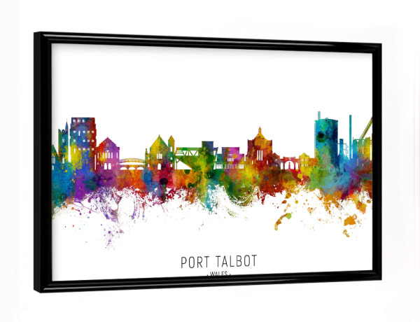 Poster mit schwarzem Rahmen "Port Talbot Wales Skyline txt" artboxONE - Städte