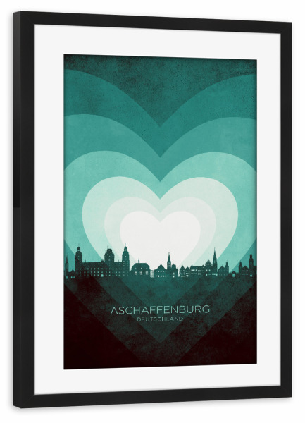 Poster mit Rahmen schwarz "Aschaffenburg Skyline Heart Teal" artboxONE - Städte