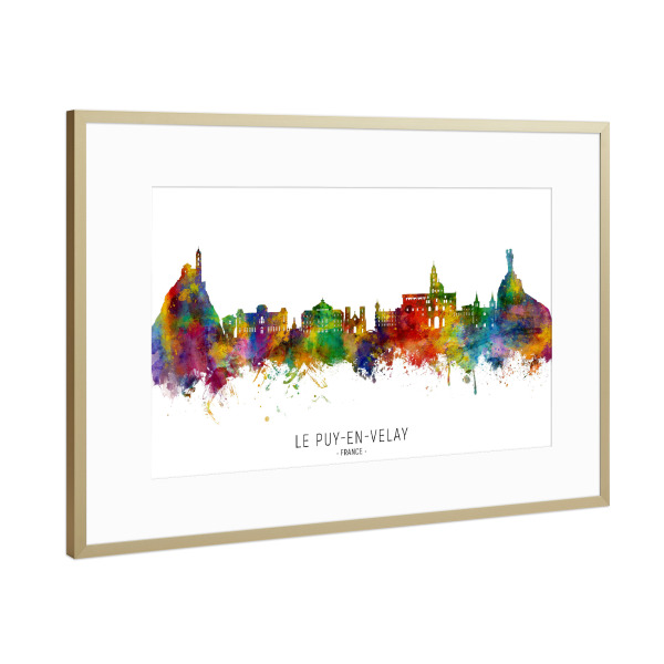 Poster mit Rahmen Gold "Le puy-en-velay Skyline txt" artboxONE - Städte - Le puy-en-velay,Frankreich,Skyline,Stadtbild,Stattbild,Aquarell,Malerei