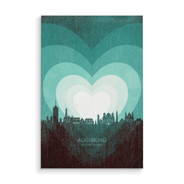 Holzbild "Augsburg Skyline Heart Teal" artboxONE - Städte - Augsburg,Deutschland,Herz,Liebe,Romantisch,Valentinstag,Skyline,Stadtbild,Stattbild