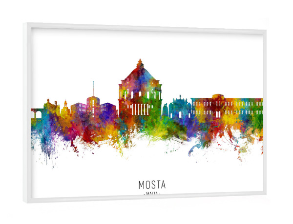 Poster mit weißem Rahmen "Mosta Malta Skyline txt" artboxONE - Städte - Mosta,Malta,Skyline,Stadtbild,Aquarell,Malerei