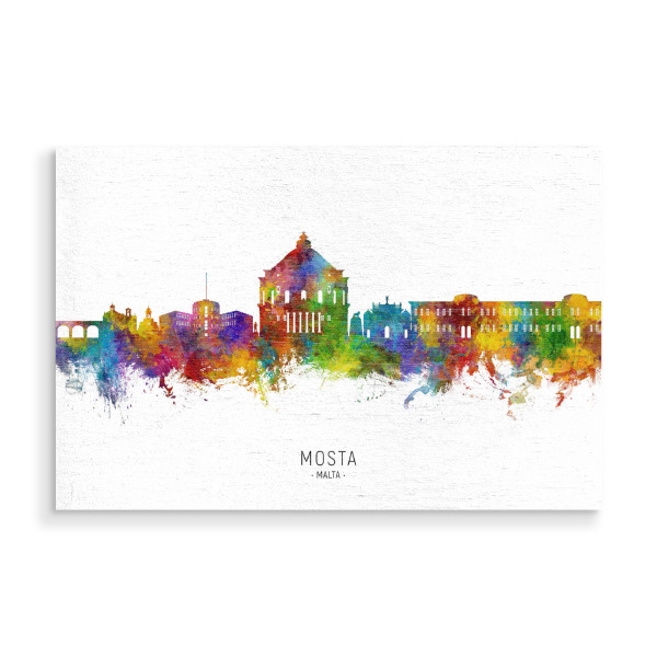 Holzbild "Mosta Malta Skyline txt" artboxONE - Städte - Mosta,Malta,Skyline,Stadtbild,Aquarell,Malerei