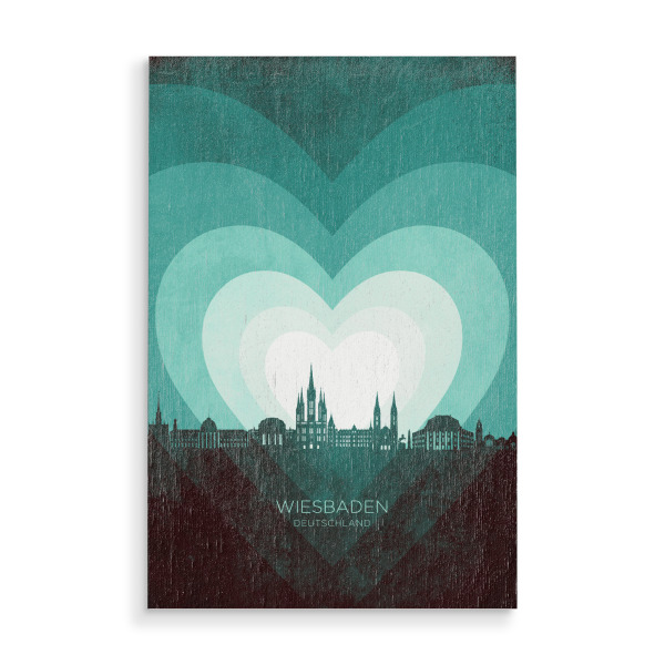Holzbild "Wiesbaden Skyline Heart blaugrün" artboxONE - Städte - Wiesbaden,Deutschland,Herz,Liebe,Romantisch,Valentinstag,Skyline,Stadtbild,Stadtbild