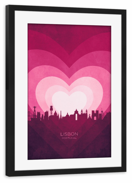 Poster mit Rahmen schwarz "Lissabon Skyline Herz rosa" artboxONE - Städte - Lissabon,Portugal,Herz,Liebe,Romantiker,Valentinstag,Skyline,Stadtbild