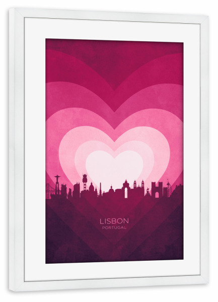 Poster mit Rahmen weiß "Lissabon Skyline Herz rosa" artboxONE - Städte - Lissabon,Portugal,Herz,Liebe,Romantiker,Valentinstag,Skyline,Stadtbild