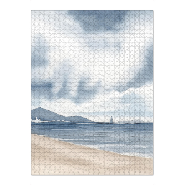 Puzzle Ravensburger "Boat in the sea" artboxONE - Natur,Reise,Reise / Strand und Meer - Boot,Reise,Strand,Meer,Aquarell,Wasserfarbe,Ki,Himmel,Wolken