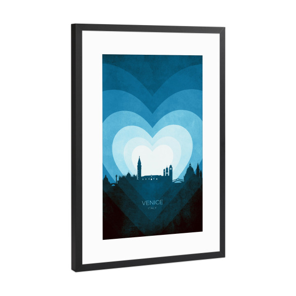 Poster mit Rahmen Schwarz (Metallic) "Venice Italy Skyline Hearts Blue" artboxONE - Städte