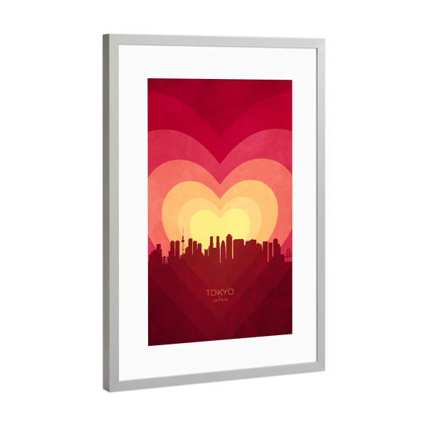Poster mit Rahmen Silber "Tokyo Skyline Herz rot gelb" artboxONE - Städte - Tokio,Japan,Herz,Liebe,Romantiker,Valentinstag,Skyline,Stadtbild,Stattbild