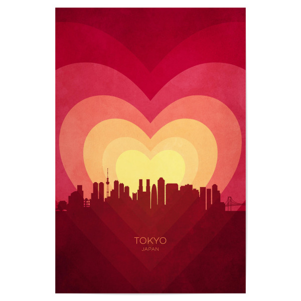 Poster "Tokyo Skyline Herz rot gelb" artboxONE - Städte - Tokio,Japan,Herz,Liebe,Romantiker,Valentinstag,Skyline,Stadtbild,Stattbild