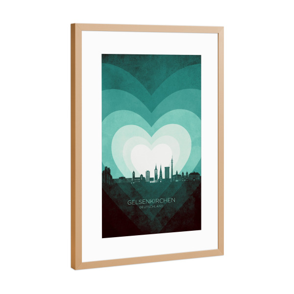 Poster mit Rahmen Kupfer "Gelenkirchen Skyline Heart Teal" artboxONE - Städte