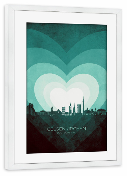 Poster mit Rahmen weiß "Gelenkirchen Skyline Heart Teal" artboxONE - Städte