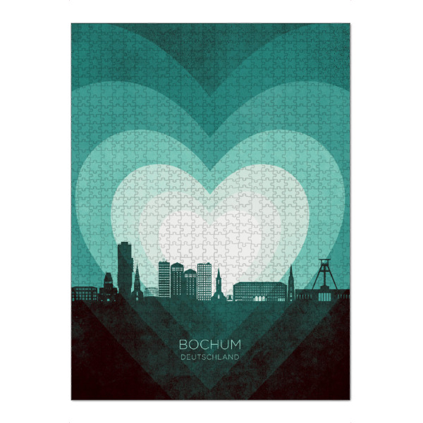 Puzzle Ravensburger "Bochum Skyline Heart Teal" artboxONE - Städte - Bochum,Deutschland,Herz,Liebe,Romantiker,Valentinstag,Skyline,Stadtbild,Stattbild