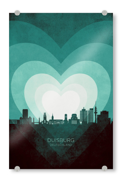 Acrylglasbild "Duisburg Skyline Heart Teal" artboxONE - Städte - Duisburg,Deutschland,Herz,Liebe,Romantisch,Valentinstag,Skyline,Stadtbild,Stattbild