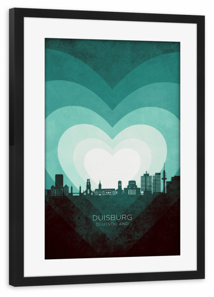 Poster mit Rahmen schwarz "Duisburg Skyline Heart Teal" artboxONE - Städte