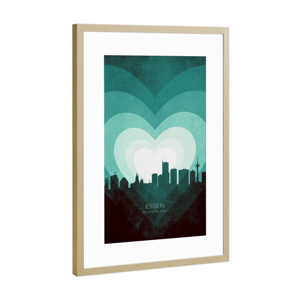 Poster mit Rahmen Gold "Essen Germany Skyline Hearts Teal" artboxONE - Städte