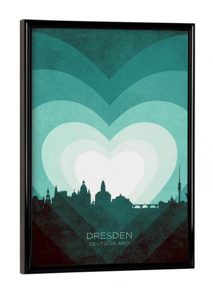 Poster mit schwarzem Rahmen "Dresden Skyline Heart blaugrün" artboxONE - Städte