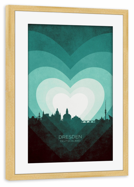Poster mit Rahmen kiefer "Dresden Skyline Heart blaugrün" artboxONE - Städte